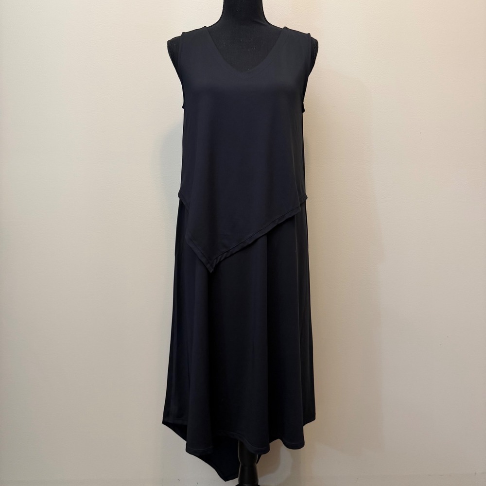 Cuddl Duds Black VNeck Asymmetrical Layered Sleeveless Midi Dress Women S Office